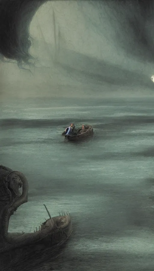 Prompt: man on boat crossing a body of water in hell with creatures in the water, sea of souls, by john howe