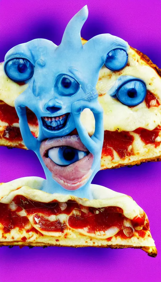 Image similar to a french slice of pizza with a toothy grin and big blue eyes, cartoonish, photorealistic, 4 k, polaroid, surreal, vaporwave