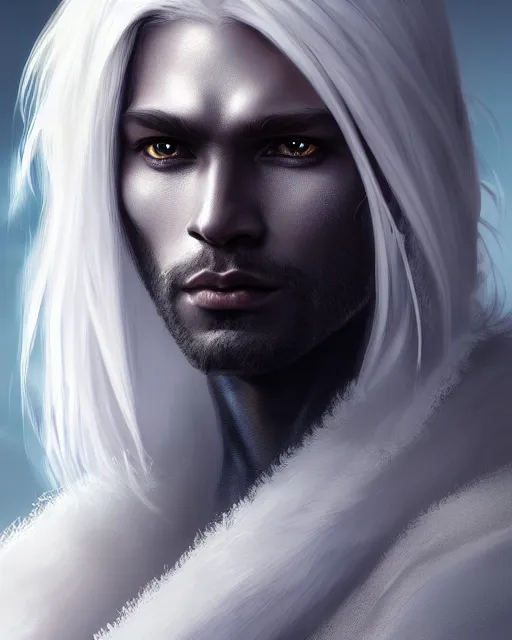Image similar to portrait, beautiful male drow, long wavy white hair, super detailed, light black armor with silver accenting, silver jewelry, fur lined cape, 8 k, filmic, octane render, sunlight, clouds, artstation, greg rutkowski, rossdraws, william bouguereau, sharp focus