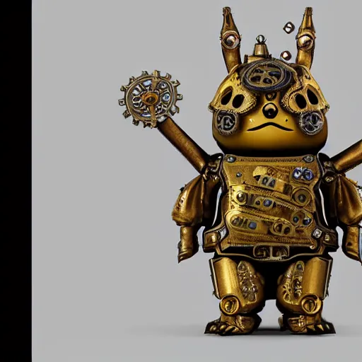Image similar to A steampunk pikachu made from ornate engraved full plate armor and gears and several jewels, macro shot by Justin Gerard, unreal engine, physically based rendering