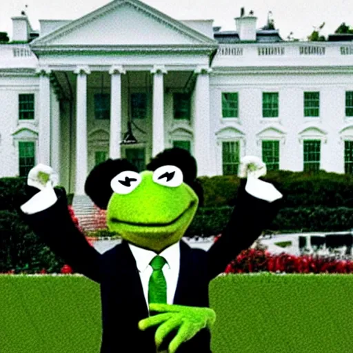 Prompt: “Kermit the Frog as president of the United States, wearing a suit and tie in front of the White House with a helicopter, photo journalism unreal 4k”