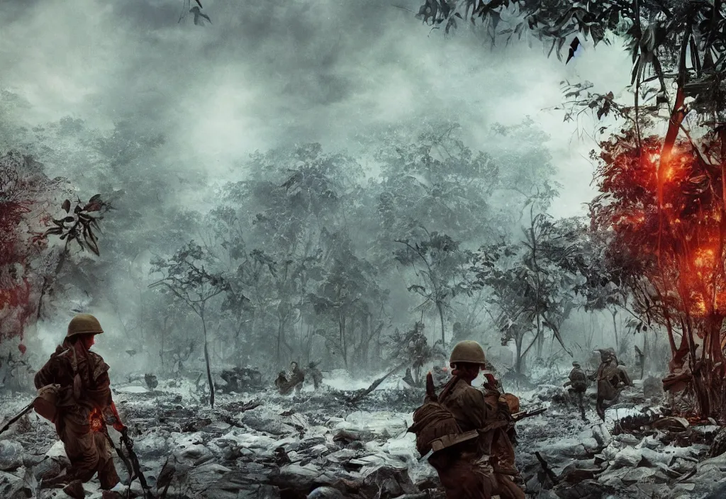 Prompt: Vietnam war scene in the jungle, dynamic composition, cinematic lighting, snow storm, warm and vibrant colors, art by Sam Weber and Michael C Hayes, 8k, trending on artstation, hyper detailed, cinematic