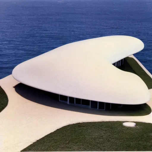 Prompt: architecture ad for a mid-century modern house on the beach, designed by Zaha Hadid. Shell. Aerial view. Film grain, cinematic, colorized, yellow hue