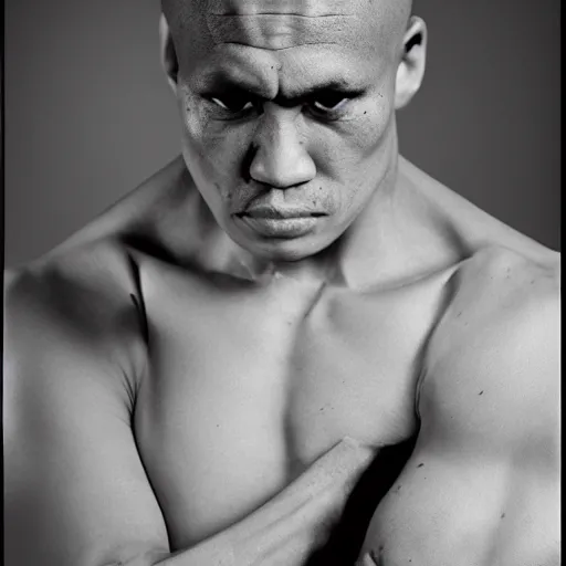 Image similar to black and white photo, portrait of k1 kickboxer by richard avedon, realistic, Leica, medium format, cinematic lighting, parallax, high resolution,