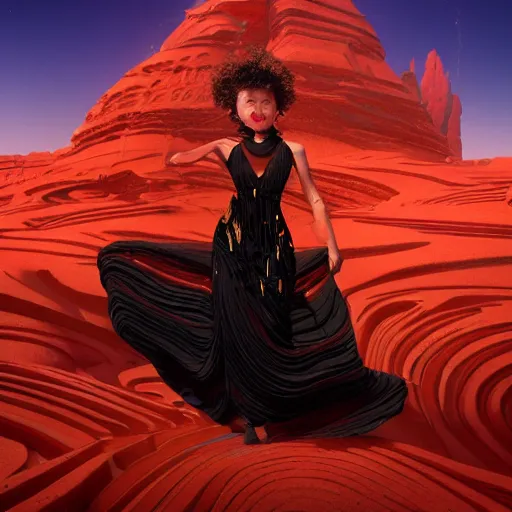 Prompt: alchemist with thick black curls and gold jewelry wearing a red dress standing in front of red desert cliffs intricate artwork by Tooth Wu and wlop and beeple and Dan Mumford. Octane render, trending on artstation, greg rutkowski very coherent symmetrical artwork. Cinematic, hyper realism, high detail 8k