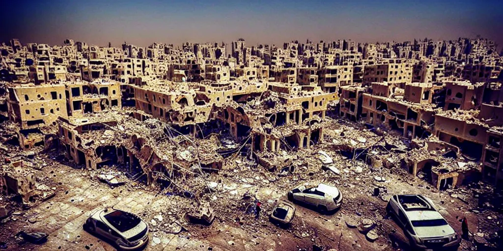 Prompt: “epic view of Hummus in Syria in destruction, sad atmosphere, ruins, hyperdetailed, hyperrealism, trending on artstation, award winning photograph, photorealistic, 8k, concept art, cinematographic, uhd, epic lighting”