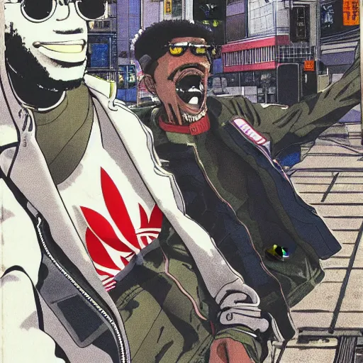 Image similar to illustration by katsuhiro otomo, black man with afro hair, raspy beard stubble, wearing an adidas army green jacket, in the streets of tokyo, akira style, by katsuhiro otomo