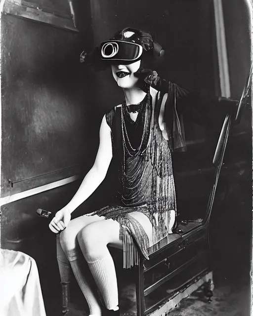 Image similar to 1 9 2 0 s photo of a flapper girl wearing a vr headset on a stage in a speakeasy