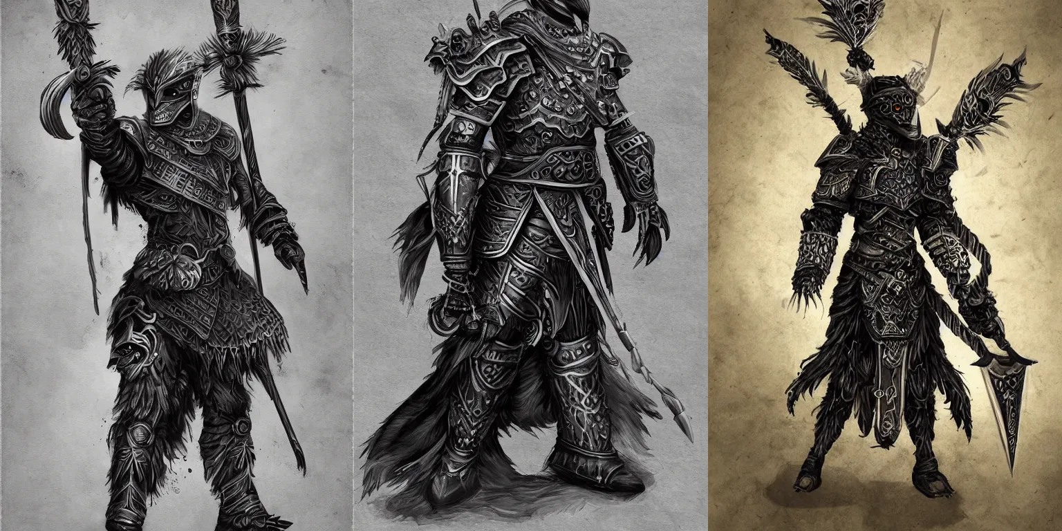 Prompt: crow humanoid warrior in heavy armor. swirls, scrolls. digital painting, hd, detailed.