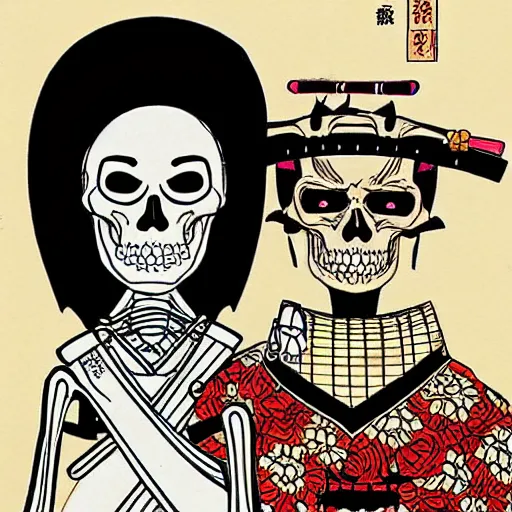 Image similar to portrait of a skeleton samurai and his beautiful Japanese wife by Toshio Saeki, high detailed