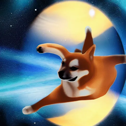 Prompt: winged shiba in space, wonderful planets, digital art, 4 k, realistic, vivid colors