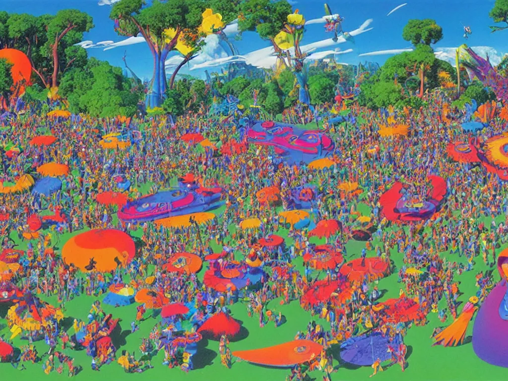 Image similar to a beautiful view of a groovypunk gathering in a public park, art by ron walotsky and peter max and roger dean