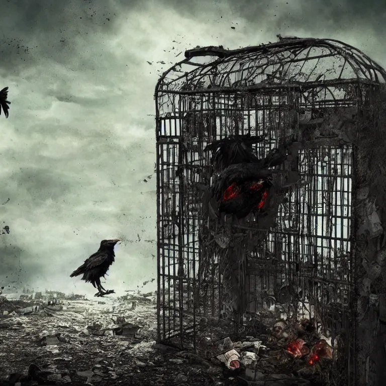 Image similar to black raven locked inside cage, extreme details, hopeless, postapocalyptic picture, very emotional, ruins around the cage, nuclear explosion, erik johansson style, conceptual art, the last day on the earth, insane detail, blood, saturated, hyper realistic 8 k textured