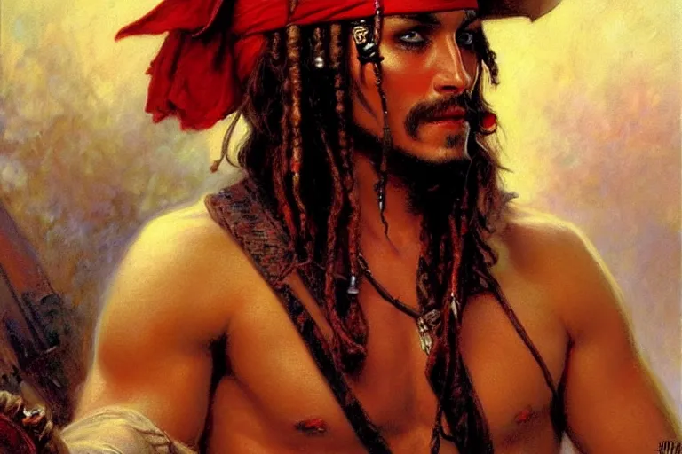 Image similar to attractive male, pirates of the caribbean, painting by gaston bussiere, craig mullins, j. c. leyendecker, tom of finland