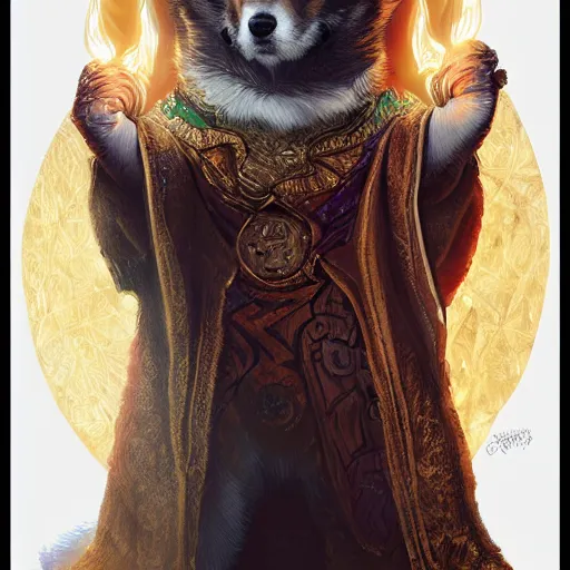 Prompt: a d & d character that's a corgi, corgi wearing intricate robes, casting a magical spell, mystical, arcane, glowing, fantasy, highly detailed digital illustration, intricate, beautiful, greg rutkowski, trending on artstation, 8 k