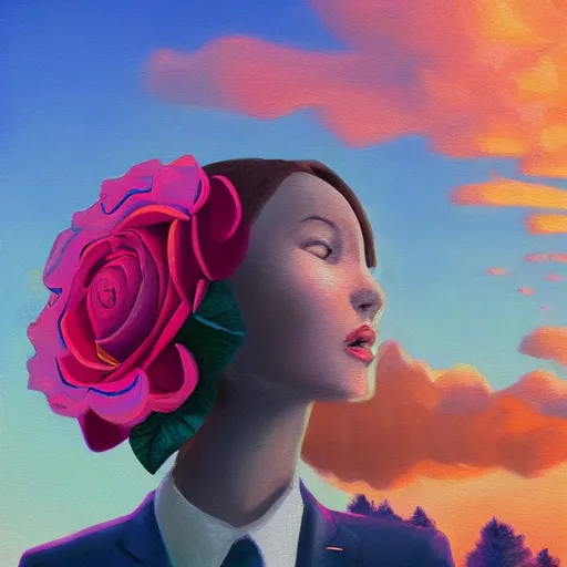 Image similar to closeup, giant rose flower under head, frontal, girl in a suit, surreal photography, sunrise, blue sky, dramatic light, impressionist painting, digital painting, artstation, simon stalenhag