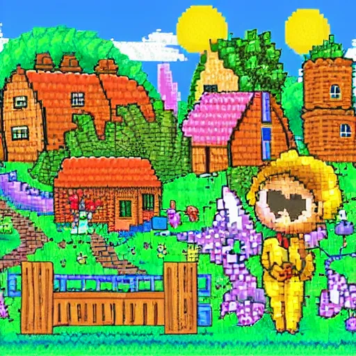 Image similar to sunny magical village with fairies and animals and plants and brewery and mill and giant sleeping next to it, pixel art