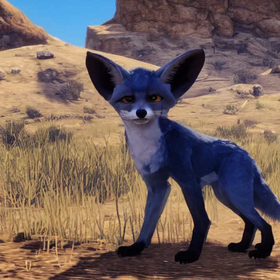 Image similar to a blue fennec fox furry in a fursuit in red dead redemption 1