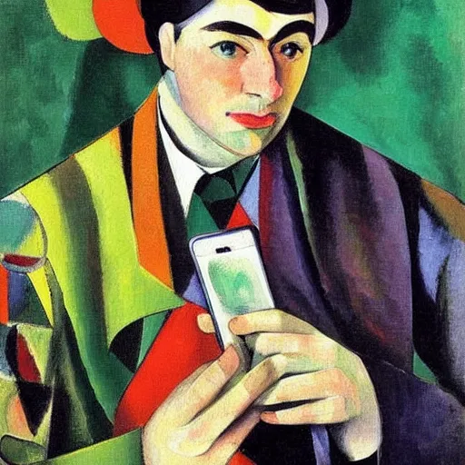 Image similar to A painting of a man holding a phone, collage, painting by Sonia Delaunay, by Paul Cézanne dull