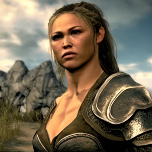 Image similar to character screenshot of ronda rousey dc in skyrim, female armor, npc talking, wilderness, 1 0 8 0 p, bokeh, elder scrolls v, detailed, dialog text