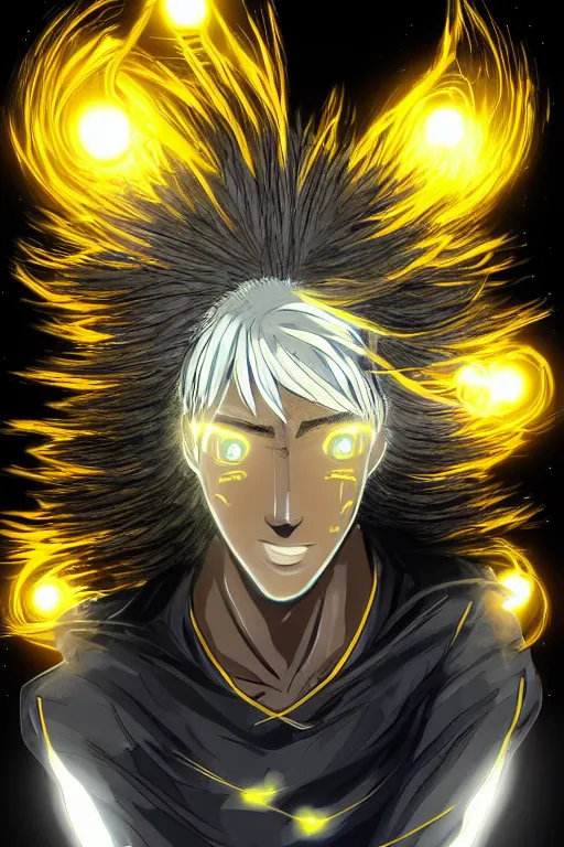 Image similar to glowing black male anime character, golden hair, yellow eyes, symmetrical, highly detailed, digital art, sharp focus, trending on art station, crazy hair, electricity everywhere, anime art style