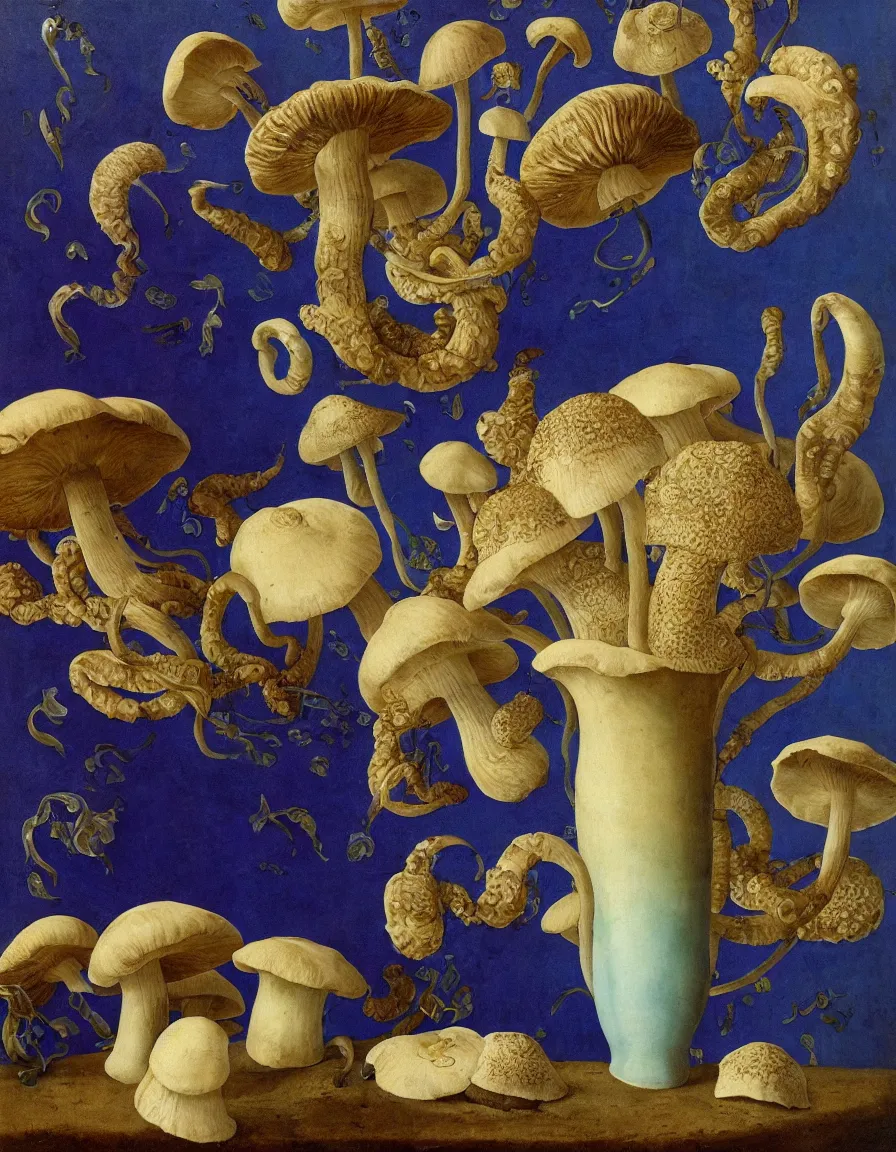 Image similar to vase of mushroom in a blue sky and under the sea decorated with a dense field of stylized scrolls that have opaque purple outlines, with jellyfishes, ambrosius benson, oil on canvas, hyperrealism, light color, no hard shadow, around the edges there are no objects