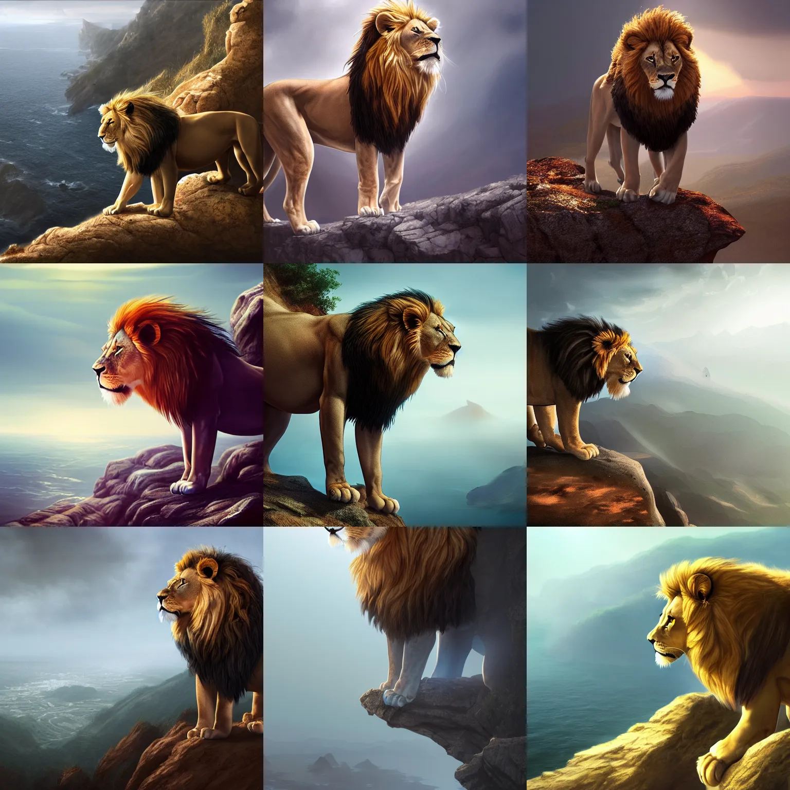 Prompt: Lion standing on the edge of a cliff, digital painting, concept art, award winning, on ArtStation, cinematic, dramatic lighting, 8k, trending on artstation, cgsociety, high resolution, highly detailed