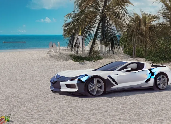 Image similar to hyperrealism, detailed textures, photorealistic 3 d render, a dreamy beach in cuba, a photorealistic 2 0 3 9 corvette stingray concept care with a blazing pearl white colour scheme, sharp focus, ultra realistic, ultra high pixel detail, cinematic, intricate, cinematic light, concept art, illustration, art station, unreal engine 8 k