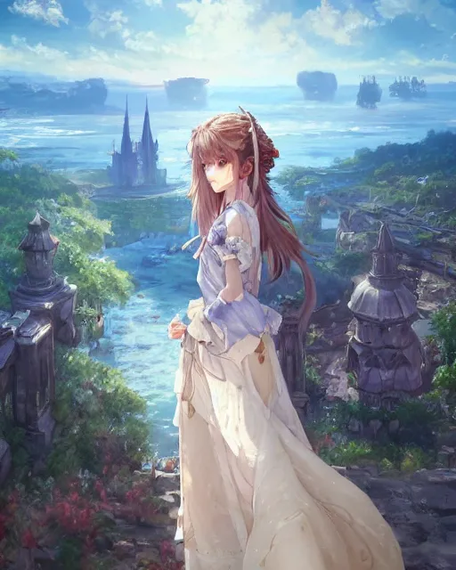 Image similar to over the shoulder landscape painting of violet evergarden, behind her is a distant old european city leiden from violet evergarden next to the reflecting ocean, ocean, sunshine, by Philipp A. Urlich and Pengzhen Zhang and Andreas Rocha and WLOP and Rossdraws, fantasy, intricate, elegant, highly detailed, digital painting, trending on artstation, blender, unreal engine 5, octane render, smooth, sharp focus, illustration