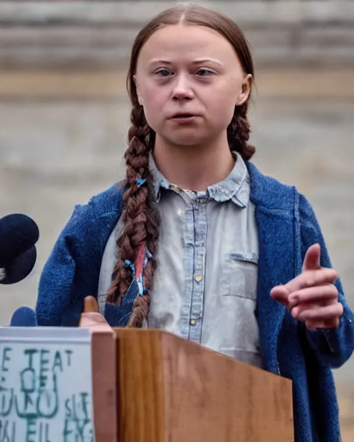 Image similar to film still close - up shot of greta thunberg giving a speech in a train station from the movie brokeback mountain. photographic, photography