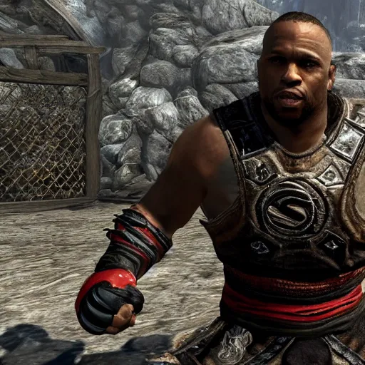 Prompt: character screenshot of ufc commentator daniel cormier dc in skyrim, warrior armor, npc talking, wilderness, 1 0 8 0 p, bokeh, elder scrolls v, detailed, dialog text