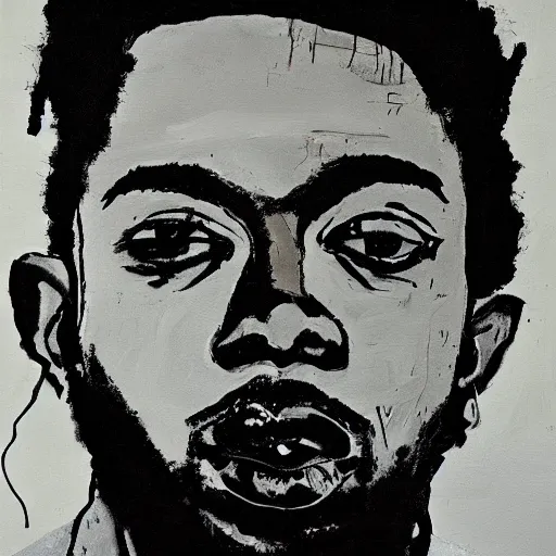 Prompt: A painting of Kendrick Lamar by Jean-Michel Basquiat