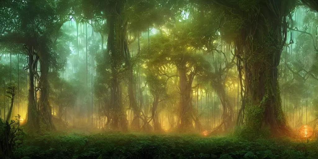 Image similar to a digital painting of a mystical forest with vines hanging from trees, fireflies glowing in various colors, desaturated, a detailed matte painting by stephan martiniere, cgsociety, fantasy art, matte painting, concept art, fractalism