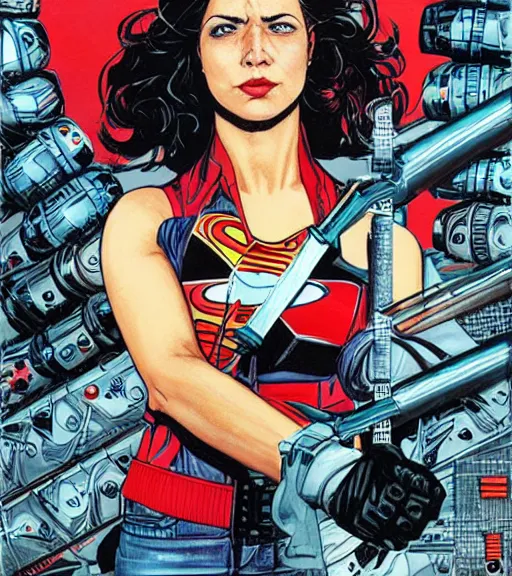 Prompt: portrait of a female inventor holding a wrench, by dc comics and sandra chevrier