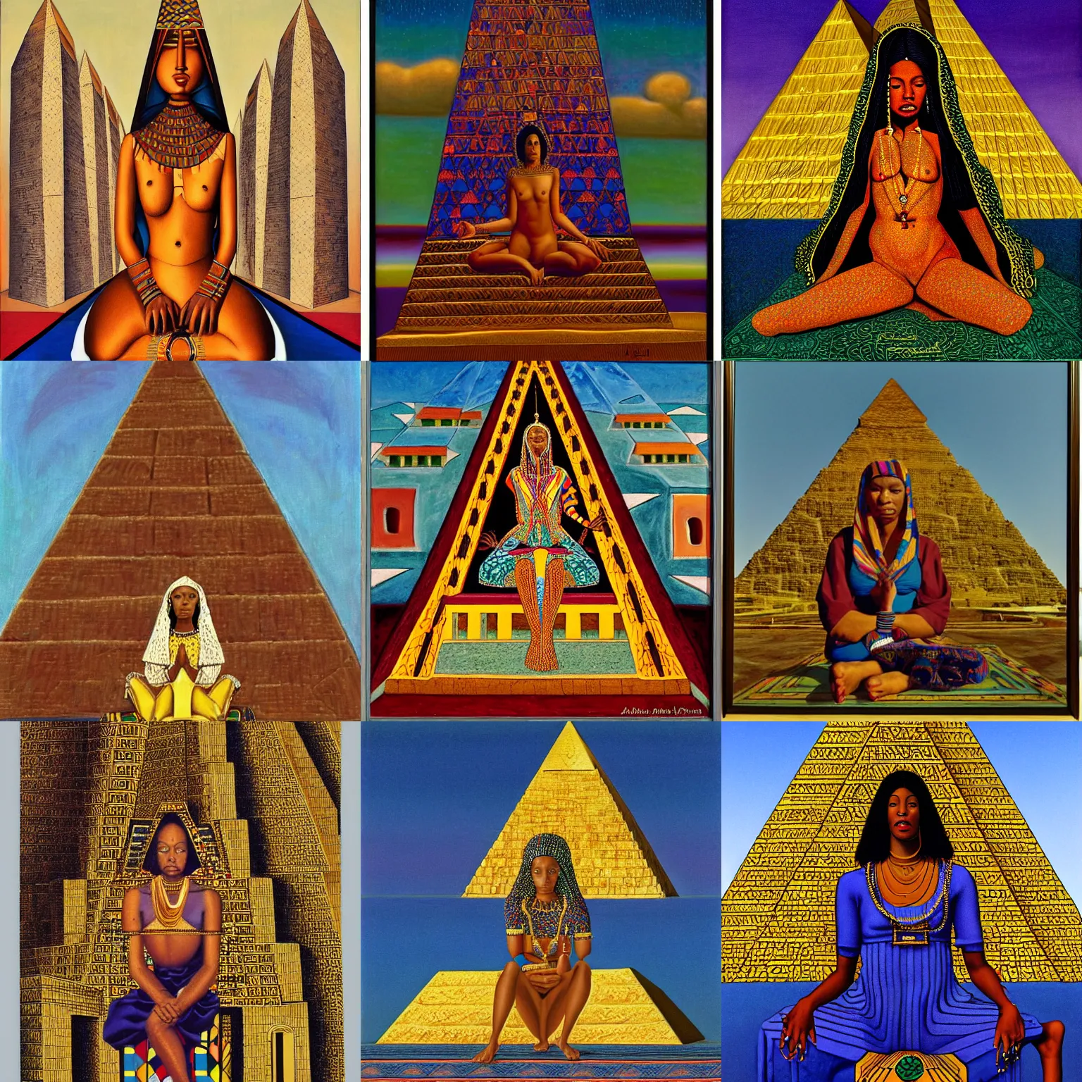 Prompt: a high priestess sitting cross - legged in front of a golden pyramid, by abdul mati klarwein