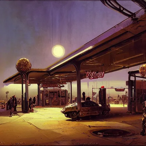 Prompt: painting of syd mead artlilery scifi gas station with ornate metal work lands on a farm, filigree ornaments, volumetric lights, purple sun, in yemen andreas achenbach