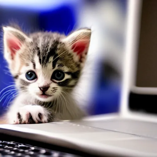 Prompt: an cute kitten is sticking its head out of a monitor of a laptop