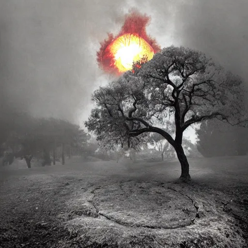 Image similar to an oak tree aflame, still, fog in background, dantes inferno, evil album cover