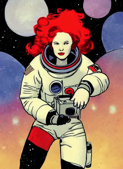 Image similar to a woman with red hair floating in space. she is an astronaut, she is wearing a space suit. well composed, clean elegant painting, beautiful detailed face. comic book art with heavy black outlines by mike mignola