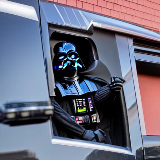 Image similar to (wide angle shot, Darth Vader drives his TIE Fighter to taco bell drive-thru), 8K, 4K, UE5