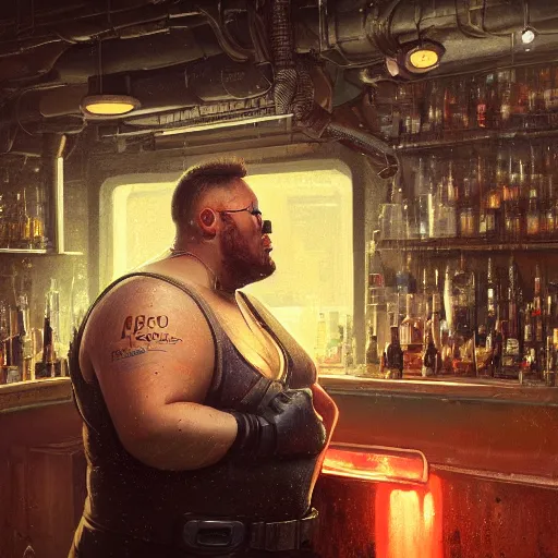 Image similar to portrait of an overweight cyberpunk barkeeper, robotarm, ratz, neuromancer, bar background, painted by greg rutkowski, painted by igor kieryluk, high detail, dramatic light, digital art, trending on artstation