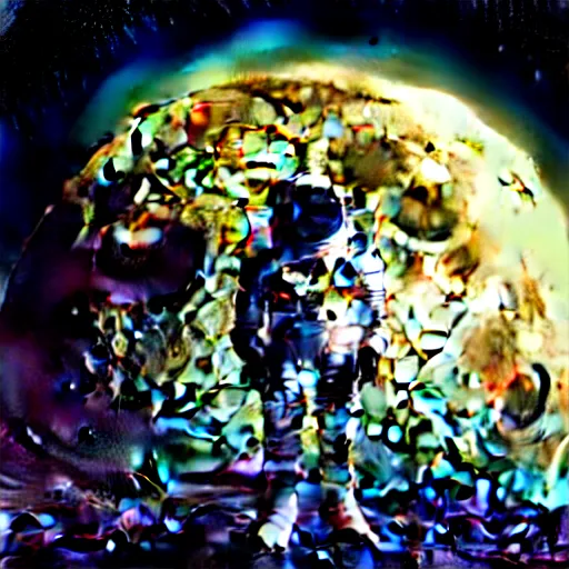 Image similar to full-body dark creepy baroque style oil painting realism a headless astronaut on the moon with futuristic elements. no head, empty helmet occult symbolism headless full-length view. standing on ancient altar eldritch energies lighting forming around disturbing frightening intricate design in helmet, hyper realism, 8k, depth of field, 3D