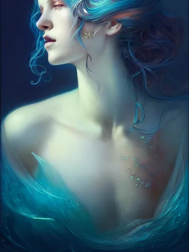 Image similar to mermaid by james jean, charlie bowater, tom bagshaw, nikolay makovsky, melanie delon : : enchanting, ethereal, magical, glowing, sparkle, prismatic, portrait, character design, illustration, hyperrealism, photorealism, digital art, concept art, dark fantasy, whimsy, weta, wlop, artstation