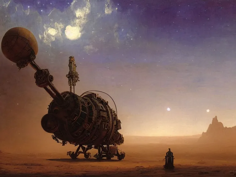 Prompt: an oil painting of an ancient dieselpunk spacecraft in the middle of an alien desert at dusk, aurora and stars light up the sky by beksinski carl spitzweg and tuomas korpi. baroque elements, full-length view. baroque element. intricate artwork by caravaggio. Trending on artstation. 8k