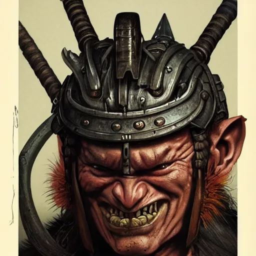 Image similar to head and shoulders portrait of a samurai hobgoblin, d & d, fantasy, greg rutkowski, frank frazetta, alexandre chaudret, boris vallejo, michael whelan, miro petrov, hr giger, magali villeneuve, donato giancola