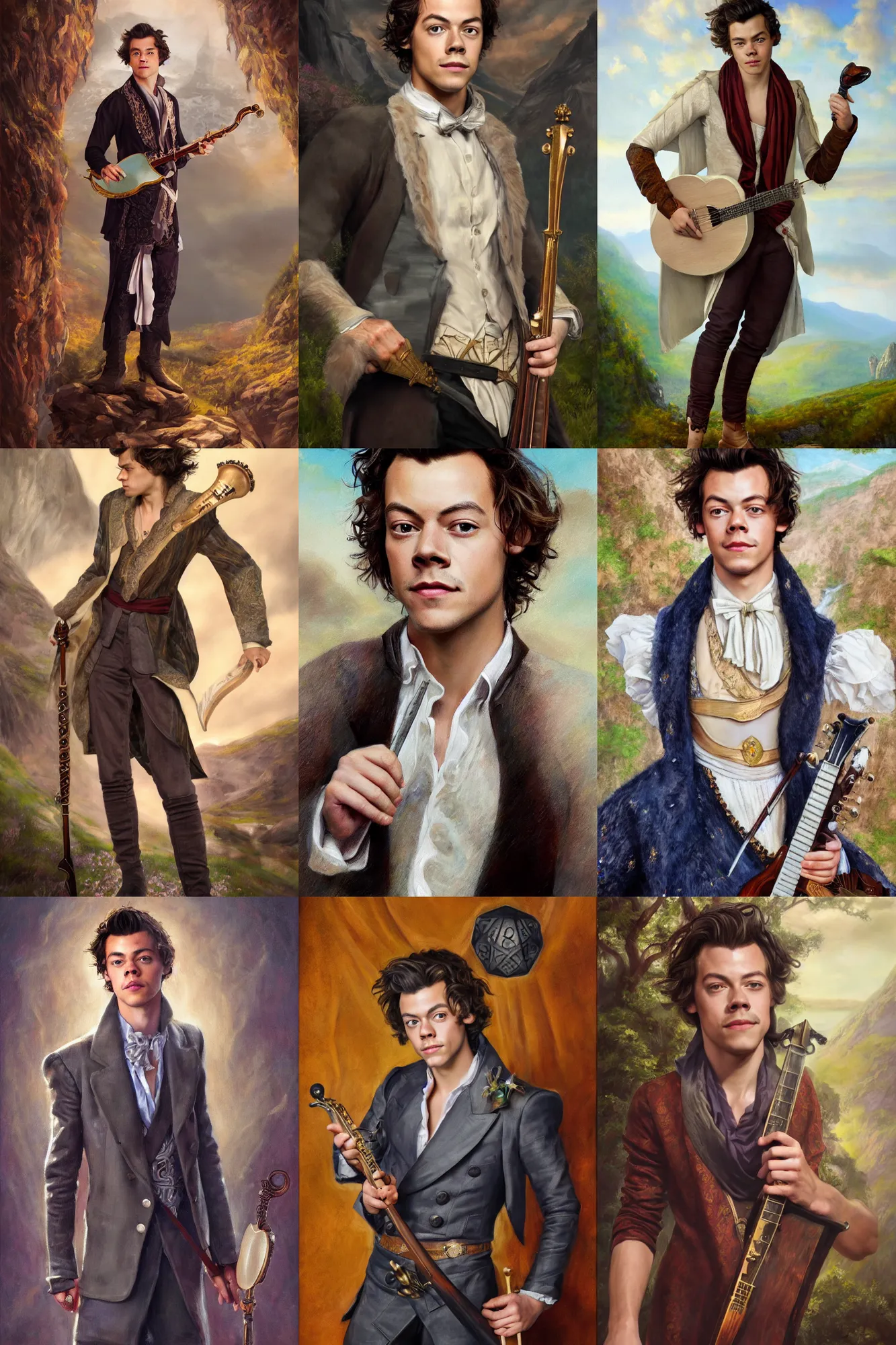 Image similar to a full body high detail fantasy portrait oil painting illustration of harry styles as elegant male bard by justin sweet with face and body clearly visible, in a scenic background, pupils visible, realistic proportions, d & d, rpg, forgotten realms, artstation trending, high quality, sombre mood, artstation trending, muted colours, entire person visible!