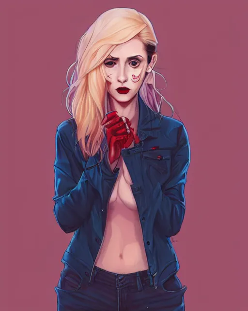 Image similar to loish, artgerm, Joshua Middleton art, Rafeal Albuquerque, pretty Alison Brie serial killer holding bloody knife in right hand realistic hand, blood on clothes and face, sarcastic smile, symmetrical eyes, symmetrical face, jean jacket, jeans, short blonde hair, middle shot, night time, deep blacks