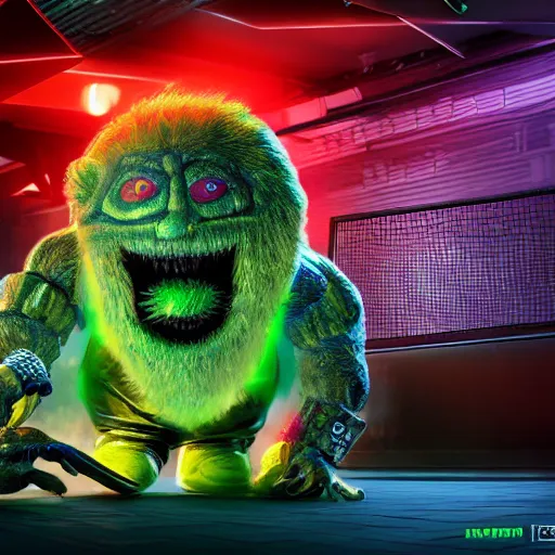 Image similar to high quality 3 d render cyberpunk very tennis ball monster highly detailed, unreal engine cinematic smooth,, basil gogos, chalk, low angle, uhd 8 k, sharp focus, illustrated by basil gogos