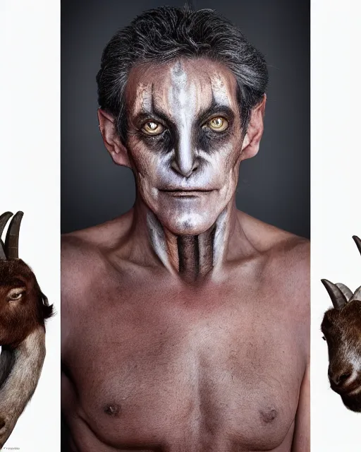 Image similar to Mauricio Macri in Elaborate Pan Satyr Goat Man Makeup and prosthetics designed by Rick Baker, Hyperreal, Head Shots Photographed in the Style of Annie Leibovitz, Studio Lighting