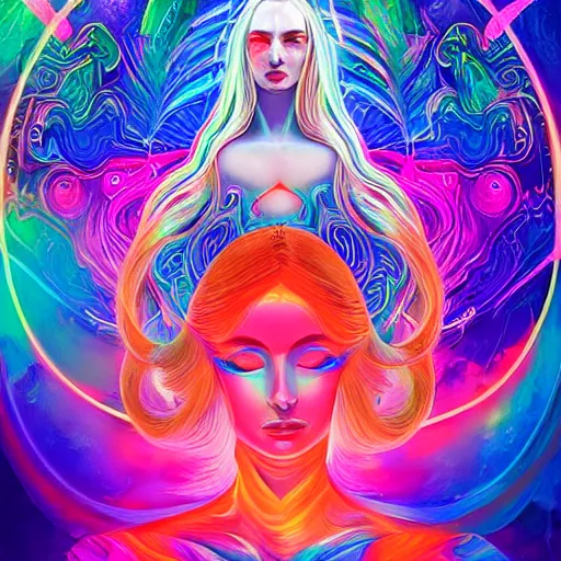 Image similar to a neon psychedelic chakra awakening kundalini ethereal portrait of kim petras with her eyes closed transcending to a higher plane of existence, eternal blessing, multiverse, by android jones, by ben ridgeway, visionary art, by artgerm, featured on artstation, cgsociety, by greg rutkowski